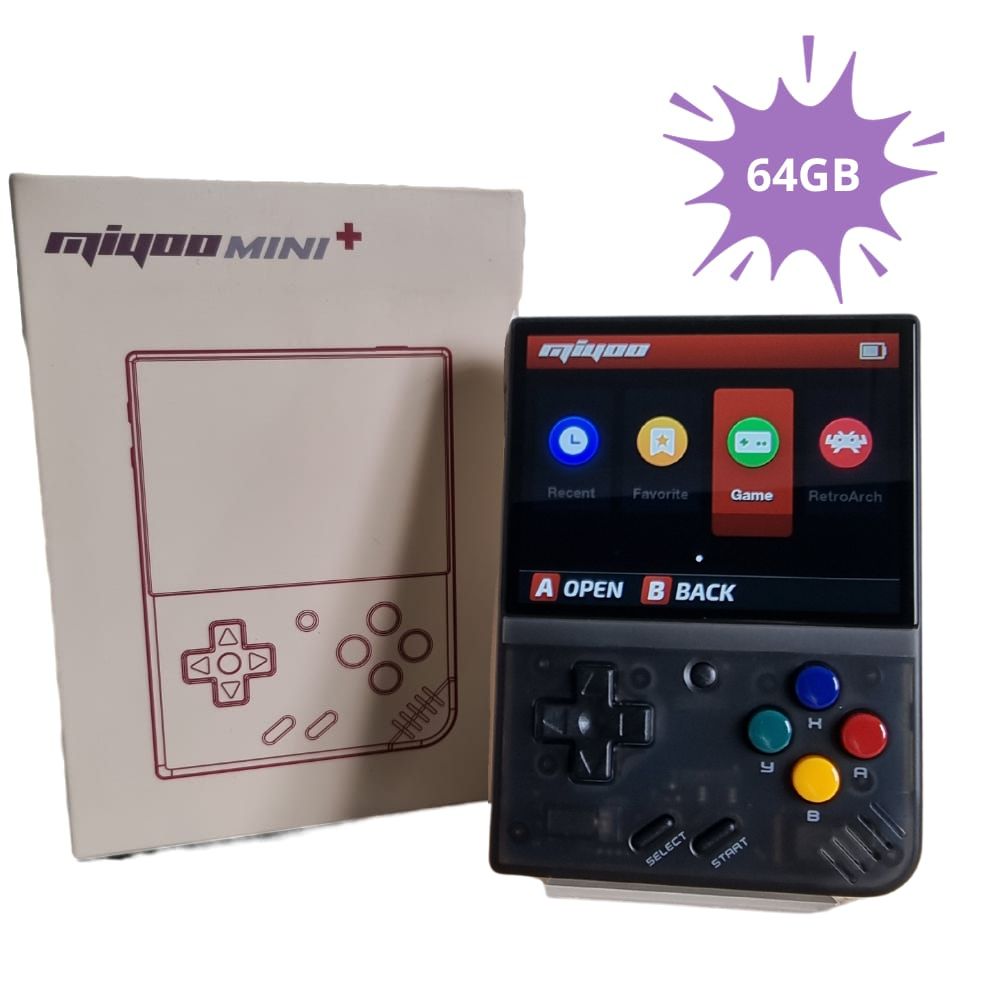 Miyoo Mini Plus V3 64GB Opslag - Retro Handheld Console - Zwart Transparant + Screenprotector