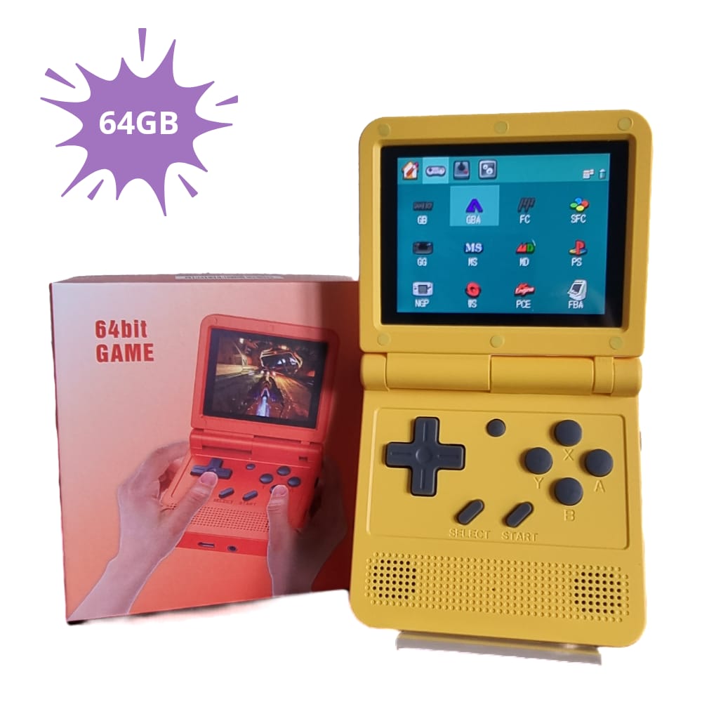 Powkiddy V90 3.0 inch IPS-scherm 64-bits Retro Handheld Game Console met 64GB geheugen (geel)